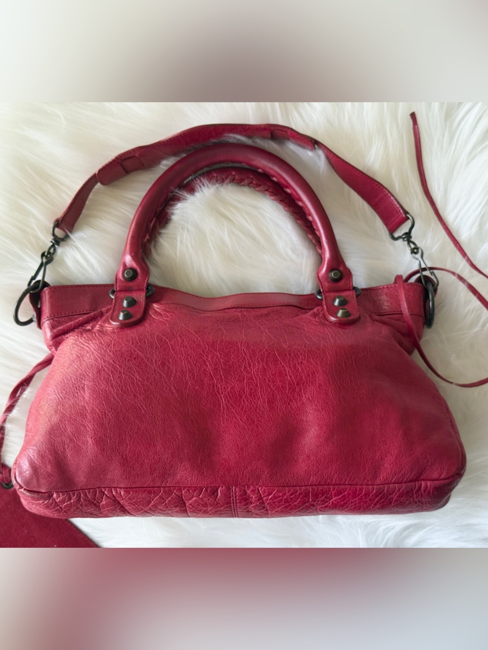 BALENCIAGA CITY BAG FIRST BAG CHERRY RED CHEVRE LEATHER 2008 VINTAGE W/ mirror - Picture 6 of 10